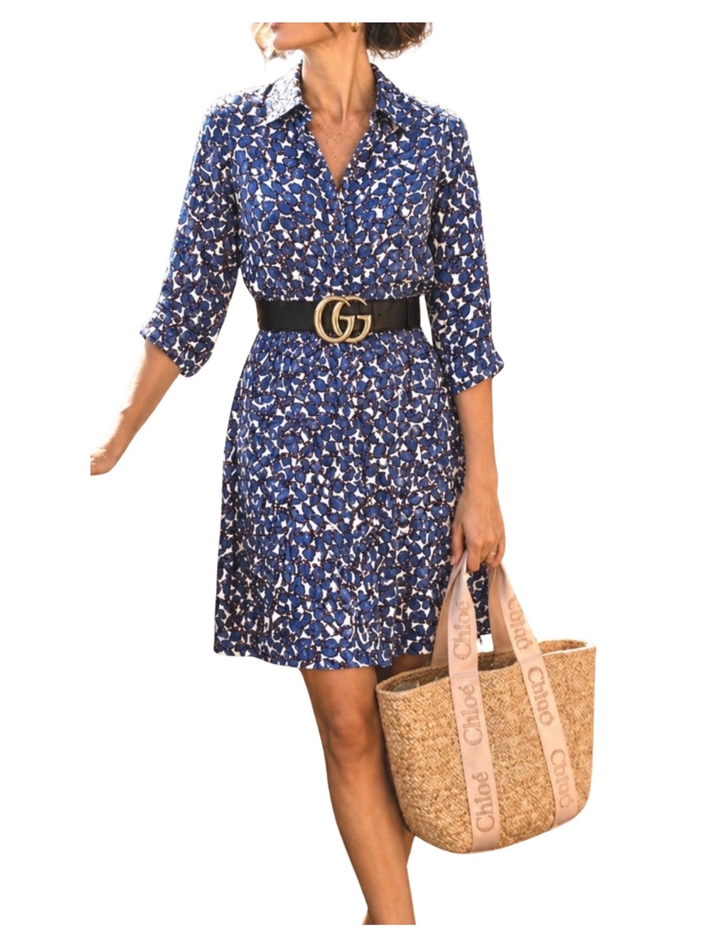 NWOT -0039 Italy- Blue and White Print Shirt Dress, Size Medium